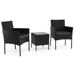 3-Delige Tuinset met Tafel en 2 Comfortabele Stoelen van Gehard Glas Afneembare Kussens Metalen Frame-Zwart