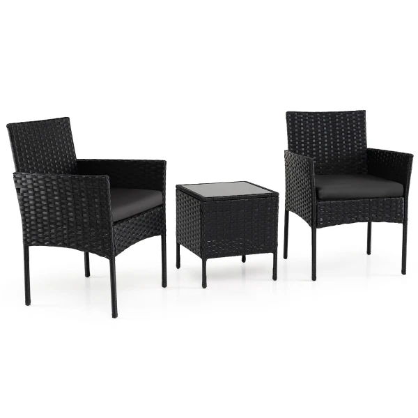 3-Delige Tuinset met Tafel en 2 Comfortabele Stoelen van Gehard Glas Afneembare Kussens Metalen Frame-Zwart