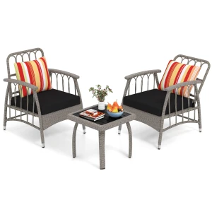 3-Delige Tuinset van Synthetisch Riet met 5-Voudig Verstelbare Rugleuning Bistroset met Kussens en Salontafel Veranda Tafel en Stoelen