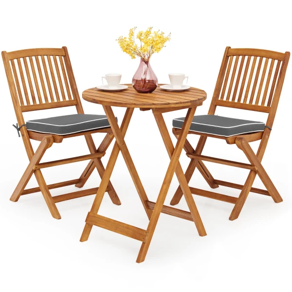 3-delige Opklapbare Bistroset van Acaciahout Tuinset met Kussens Buitenterrasmeubelset met Tafel en 2 Stoelen voor Balkon Grijs