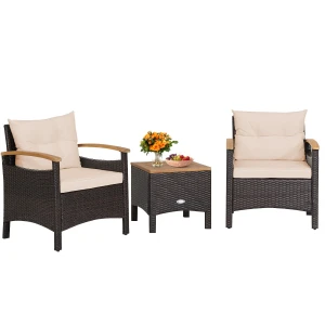3-delige Rotan Tuinmeubelset Rotanmeubel met 2 Stoelen en 1 Bijzettafel Tuinset Tuingarnituur Zitgroep Bruin