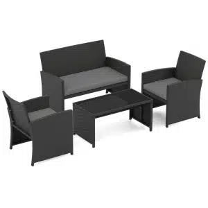 4-Delige PE-Rotan Tuinset 2-Zitsbank van Riet met Fauteuils en Salontafel van Gehard Glas Tuinmeubelen met Kussens-Grijs