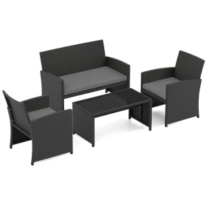 4-Delige PE-Rotan Tuinset 2-Zitsbank van Riet met Fauteuils en Salontafel van Gehard Glas Tuinmeubelen met Kussens-Grijs