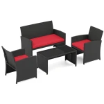4-Delige PE-Rotan Tuinset 2-Zitsbank van Riet met Fauteuils en Salontafel van Gehard Glas Tuinmeubelen met Kussens Rood
