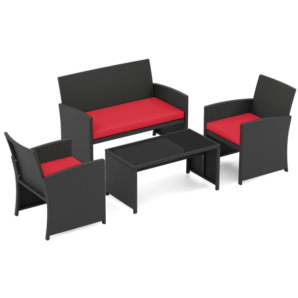 4-Delige PE-Rotan Tuinset 2-Zitsbank van Riet met Fauteuils en Salontafel van Gehard Glas Tuinmeubelen met Kussens Rood