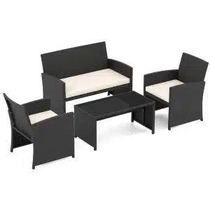 4-Delige PE-Rotan Tuinset 2-Zitsbank van Riet met Fauteuils en Salontafel van Gehard Glas Tuinmeubelen met Kussens-Wit