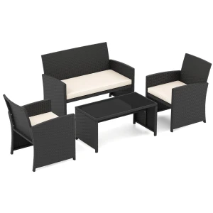 4-Delige PE-Rotan Tuinset 2-Zitsbank van Riet met Fauteuils en Salontafel van Gehard Glas Tuinmeubelen met Kussens-Wit