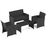4-Delige PE-Rotan Tuinset 2-Zitsbank van Riet met Fauteuils en Salontafel van Gehard Glas Tuinmeubelen met Kussens-Zwart