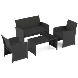 4-Delige PE-Rotan Tuinset 2-Zitsbank van Riet met Fauteuils en Salontafel van Gehard Glas Tuinmeubelen met Kussens-Zwart
