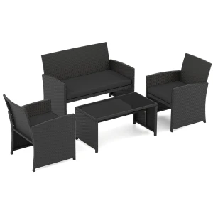4-Delige PE-Rotan Tuinset 2-Zitsbank van Riet met Fauteuils en Salontafel van Gehard Glas Tuinmeubelen met Kussens-Zwart