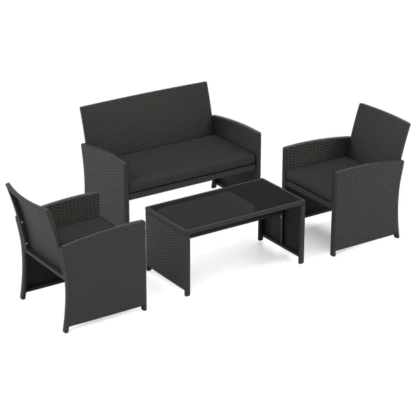 4-Delige PE-Rotan Tuinset 2-Zitsbank van Riet met Fauteuils en Salontafel van Gehard Glas Tuinmeubelen met Kussens-Zwart