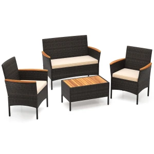 4-delige Tuinset van Polyester Riet Bestaande uit 2 Fauteuils 1 Tweezitsbank en 1 Bijzettafel met een Tafelblad van Acaciahout