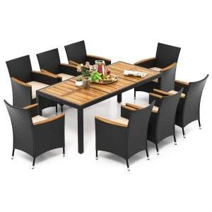 9-delige Tuinmeubelset voor 8 Personen Loungeset met Zitkussens Eettafel met 8 Rotan Stoelen voor Tuin Zwembad Terras