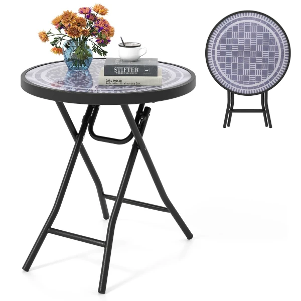 Bijzettafel Inklapbaar Kleine Klaptafel Weerbestendige Tuintafel Ronde Balkontafel met Tafelblad van Gehard Glas voor Balkon Grijs