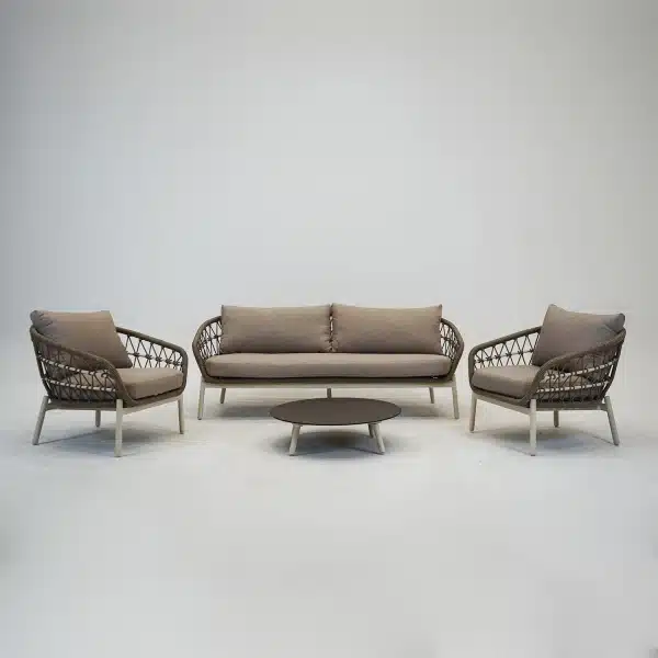 Loungeset Dakota Creme Bruin 4-delig Stoel Bank Aluminium Touw Buiten Tuinstoel Tuinbank Vita Lux