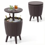Outdoor Cocktailtafel In Hoogte Verstelbaar met Drankkoeler Voorzien van Opklapbaar Deksel en Afvoerklep Weerbestendige Bijzettafel