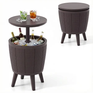 Outdoor Cocktailtafel In Hoogte Verstelbaar met Drankkoeler Voorzien van Opklapbaar Deksel en Afvoerklep Weerbestendige Bijzettafel