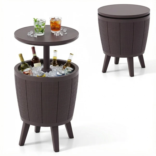 Outdoor Cocktailtafel In Hoogte Verstelbaar met Drankkoeler Voorzien van Opklapbaar Deksel en Afvoerklep Weerbestendige Bijzettafel