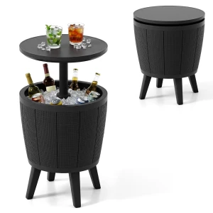 Outdoor Cocktailtafel In Hoogte Verstelbaar met Drankkoeler Voorzien van Opklapbaar Deksel en Afvoerklep Weerbestendige Bijzettafel Zwart