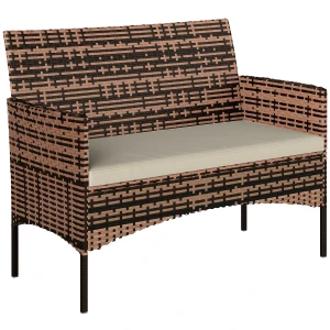 Outsunny 2-zits rattan tuinsofa PE-rattan outdoor terras-sofa met kussen, anti-slipmatten, stalen frame, Khaki