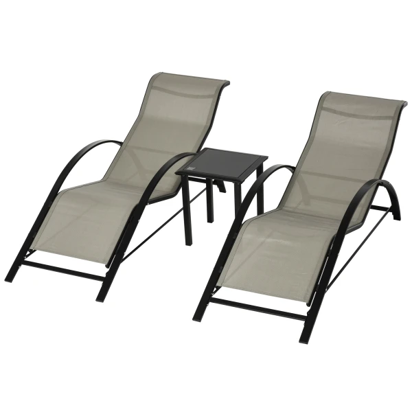 Outsunny 3-delige tuinset, 2 verstelbare ligstoelen, stevige metalen frame, weerbestendig, eenvoudig op te bergen, grijs en zwart | Aosom.nl
