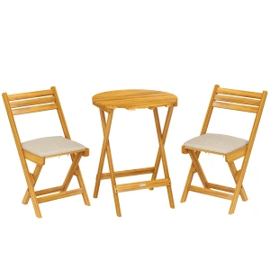 Outsunny Balkonmeubelset 3-delig FSC-hout inklapbaar Tuinmeubelset met ronde tafel 2 stoelen Zitkussens Ademend Lamellenzitting