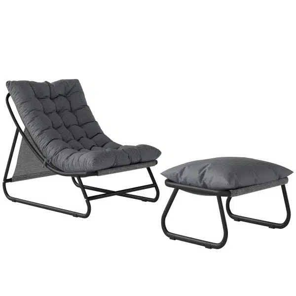 Outsunny Loungesessel Outdoor Balkonsessel met Voetenbank 13 cm dik kussen antislip voeten Donkergrijs