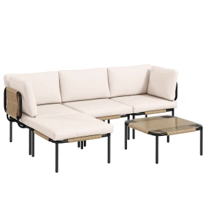 Outsunny Polyrattan tuinmeubelset 5-delig loungeset met 3 stoelen, salontafel, hocker, brede & diepe zit, afneembare kussens