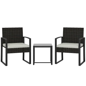 Outsunny Rattan Bistroset, 3-delig tuinmeubelset met 2 tuinstoelen, salontafel, afneembare kussens Crèmewit