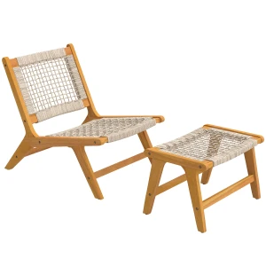 Outsunny Tuinloungestoel met voetenbank 2-delig FSC Acaciahout outdoor loungeset met rattan zitting, Boho-stijl, verstelbare poten