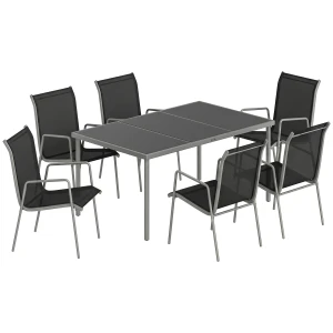 Outsunny Tuinmeubelset 7-delig 150 x 90 cm tafel met 6 ademende stoelen, gehard glazen tafelblad