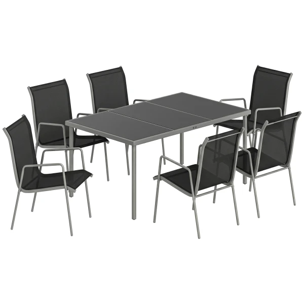Outsunny Tuinmeubelset 7-delig 150 x 90 cm tafel met 6 ademende stoelen, gehard glazen tafelblad