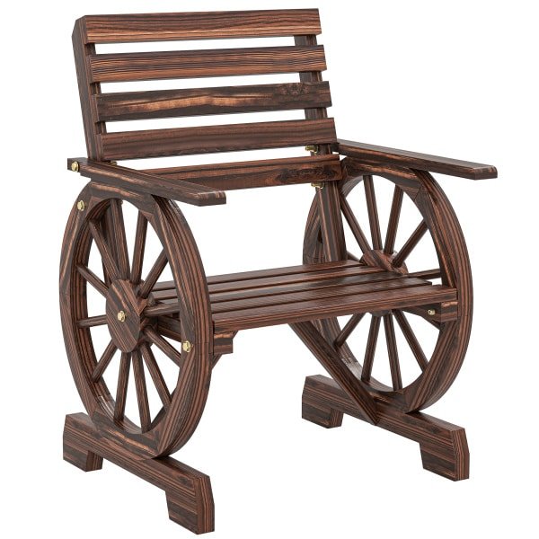 Outsunny Tuinstoel hout tuinstoel met wagenrad-design, houten stoel landelijke stijl verkoold