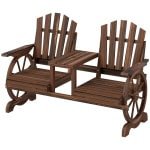 Outsunny Weerbestendige 2-Zits Houten Tuinbank met Paraplugat en Wagenwielpoten, 154 x 65 x 102 cm, Verkoolt