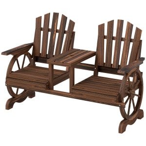 Outsunny Weerbestendige 2-Zits Houten Tuinbank met Paraplugat en Wagenwielpoten, 154 x 65 x 102 cm, Verkoolt