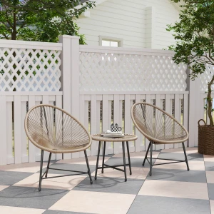 Outsunny bistroset, 3-delige met 2 Kunststofrattan Stoelen, 1 Tafel met Glazen Blad, Stalen Frame, verstelbare voetkussentjes, Lichtbruin | Aosom.nl