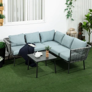 Outsunny loungeset, 4-delige rotan weerbestendig, met Aluminium tafelblad, comfortabele kussens, 4 zitplaatsen tot 360 kg, zwart + grijs | Aosom.nl