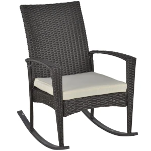 Outsunny schommelstoel, comfortabele tuinstoel met kussen, weerbestendig poly-rotan en metaal, 66 x 88 x 98 cm, bruin | Aosom.nl