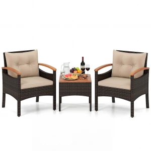 Tuinset 3-delige Balkonset Bestaande uit 2 Stoelen en 1 Tafel Rieten Tuinstoelen Terrasmeubilair met Rugleuning en Armleuningen