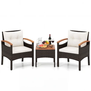 Tuinset 3-delige Balkonset Bestaande uit 2 Stoelen en 1 Tafel Rieten Tuinstoelen Terrasmeubilair met Rugleuning en Armleuningen Beige