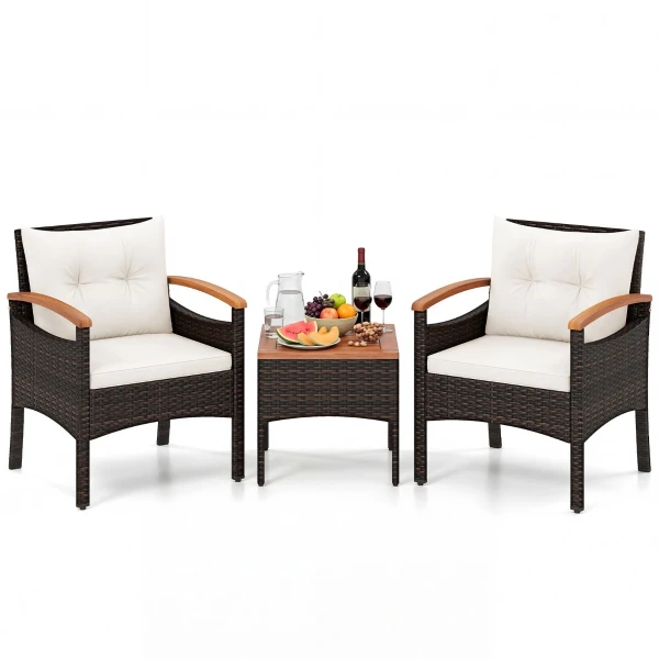 Tuinset 3-delige Balkonset Bestaande uit 2 Stoelen en 1 Tafel Rieten Tuinstoelen Terrasmeubilair met Rugleuning en Armleuningen Beige