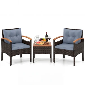 Tuinset 3-delige Balkonset Bestaande uit 2 Stoelen en 1 Tafel Rieten Tuinstoelen Terrasmeubilair met Rugleuning en Armleuningen Grijs