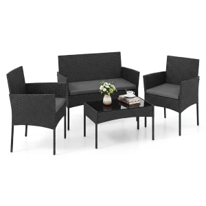 Tuinset 4-Delige Balkonmeubelset met Fauteuil Tuintafel en 2 Stoelen Rotan Tuinlounge met Zitkussens Terrasmeubels voor Buiten-Grijs