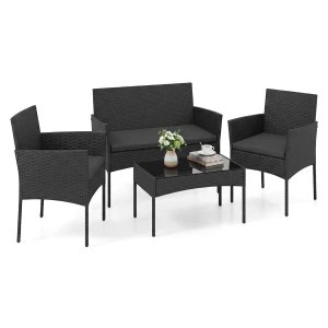 Tuinset 4-Delige Balkonmeubelset met Fauteuil Tuintafel en 2 Stoelen Rotan Tuinlounge met Zitkussens Terrasmeubels voor Buiten-Zwart