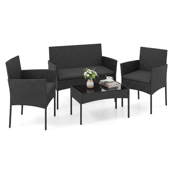Tuinset 4-Delige Balkonmeubelset met Fauteuil Tuintafel en 2 Stoelen Rotan Tuinlounge met Zitkussens Terrasmeubels voor Buiten-Zwart