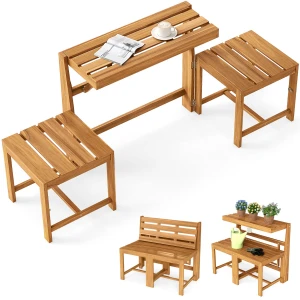 Tuinset van Massief Hout voor 2 Personen Tuinstoelen van Acaciahout Inclusief Verstelbare Tuintafel en -Stoelen 3-in-1 Tuinset