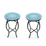 (Twee) Bijzettafel met Mozaïek voor Buiten Kleine 35 cm Ronde Salontafel met Keramisch Tegelblad Plantenstandaard Blauw