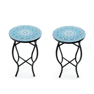 (Twee) Bijzettafel met Mozaïek voor Buiten Kleine 35 cm Ronde Salontafel met Keramisch Tegelblad Plantenstandaard Blauw