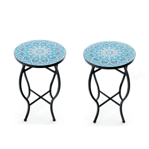 (Twee) Bijzettafel met Mozaïek voor Buiten Kleine 35 cm Ronde Salontafel met Keramisch Tegelblad Plantenstandaard Blauw