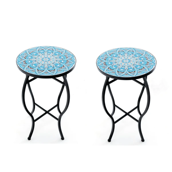 (Twee) Bijzettafel met Mozaïek voor Buiten Kleine 35 cm Ronde Salontafel met Keramisch Tegelblad Plantenstandaard Blauw